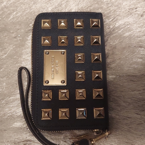 Handbags - MICHAEL KORS Navy Blue & Gold Pyramid Studded Mini Wallet